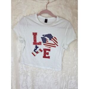 Womens Large White LOVE American Flag Lip Graphic Crop Top T-Shirt 4th July